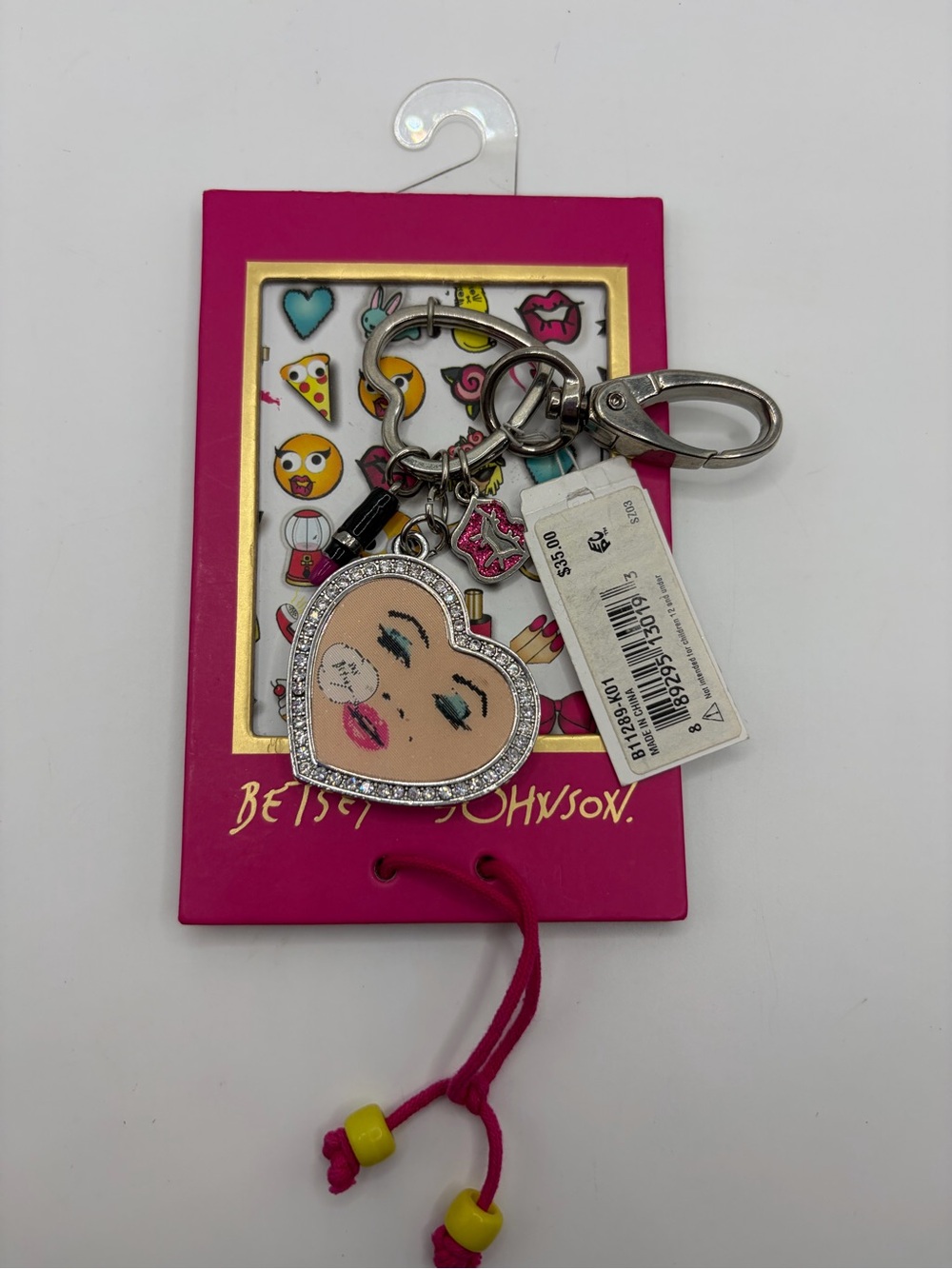Betsey Johnson Pink Heart Face Keychain with Crystal Border